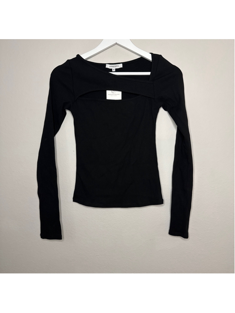 Women's Olivaceous Black Long Sleeve Keyhole Front Top M [Ab0147]